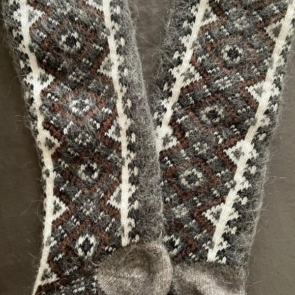 New Knee Socks Hand Knit Real Soft Wool Winter Tribal Brown Gray White - Picture 3 of 3